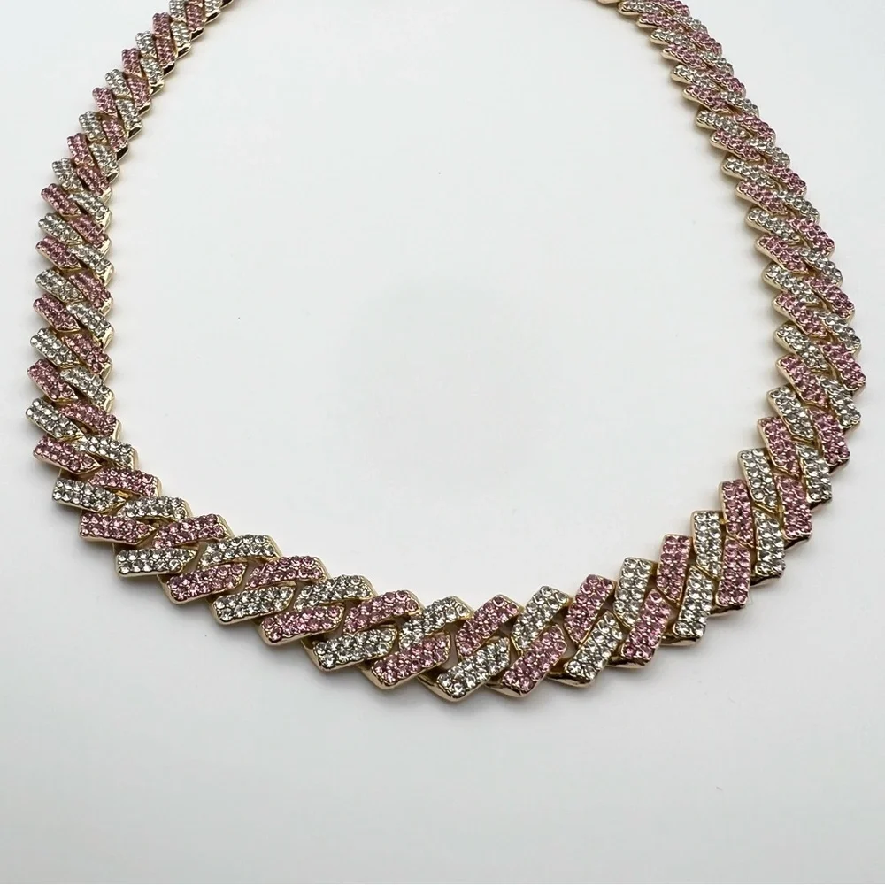 Pink Gold Diamond Bling Cuban Chain Dog Necklace 20 inches